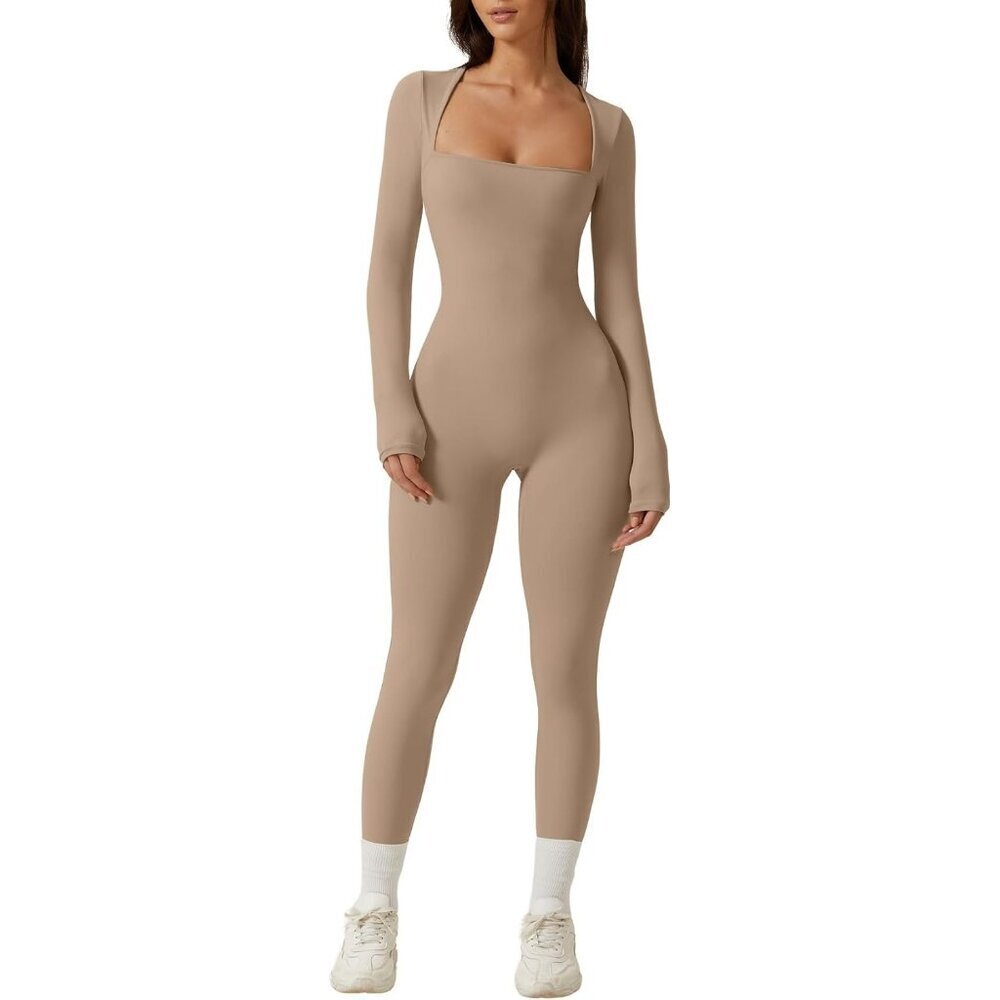 Women Cococa Cream Sexy Square Neck Long Sleeve Full Length Leggings Bodycon